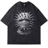 The "Undead Spiky Metalhead Carapace Punk Graphic Tee" by Vexlly is a vintage black T-shirt featuring a striking graphic of a wrapped head with spikes. Ideal for those who embrace punk gothic vibes, its loose, oversized fit makes it a standout streetwear piece for men eager to make a bold style statement.