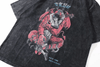 Introducing the Distressed Purgatory Trapped Women Anime Graphic Tee by Vexlly: This dark t-shirt showcases a striking anime design featuring a woman ensnared by a red creature. Elegantly presented Japanese text adorns the graphic, perfectly capturing streetwear aesthetics. With its worn, vintage vibe, this tee resonates with the essence of Japanese anime culture.