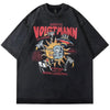 The Voltgmann Chaotic Space Vintage Graphic Tee by Vexlly is a black oversized T-shirt adorned with vibrant cartoon graphics, including a sun, moon, UFO, and animals. It features the text "Hereafter Voigtmann First Birthday," followed by event details at the bottom. This streetwear piece delivers a retro and artistic style that is ideal for men's fashion enthusiasts.