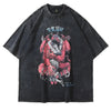 A black Distressed Purgatory Trapped Women Anime Graphic Tee by Vexlly, showcasing a colorful illustration of a character with red wings and horns, holding a sword among abstract elements. The design stylishly combines an anime cartoon print with Japanese text above it for a vintage Japanese style.