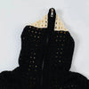 A black Hoodie Cross Patchwork Hollow Sweater Hooded Zipper Cardigan from My Store, featuring a beige section at the top. The garment is displayed flat with the zipper partially open, showcasing a textured, perforated design. Please be aware that slight color differences may occur due to lighting when compared to photos.