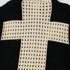 A close-up of the Hoodie Cross Patchwork Hollow Sweater from My Store highlights a prominent off-white cross centrally positioned on a black background. The handcrafted design features evenly spaced openings, resulting in a textured and airy look, although slight color variations might occur compared to the image.