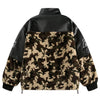 Introducing the Vexlly Fuzzy Cheetah Camouflage Patchwork Fleece Jacket, featuring a camouflage pattern on the bottom half and sleeves. The upper portion showcases a black leather texture, while the sleeves are adorned with patches displaying white text and graphics. This stylish jacket is designed with a high collar and a convenient zip-up front.