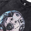 Close-up of the Punk Humanoid Cyborg Graphic Tee in black, featuring a retro robot graphic with a futuristic, mechanized face and intricate circuitry. This streetwear piece boasts a textured appearance and is part of Vexlly's Hip Hop Punk Gothic collection, identifiable by the label on the collar.