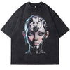 Introducing the Punk Humanoid Cyborg Graphic Tee by Vexlly, a black oversized T-shirt featuring a futuristic digital illustration of a humanoid figure with a mechanical face. This design seamlessly blends human traits with metallic and geometric elements, capturing the essence of Hip Hop Punk Gothic streetwear.