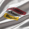 The image features a glossy surface with three overlapping labels, evoking the vibe of hip hop street art. The first two labels display "Blackenergy" in bold red and black lettering, reminiscent of the text on an oversized sweatshirt from the My Store brand's Streetwear Hip Hop Long Sleeve T-Shirts collection for 2024. The bottom label reads "Blegchn" in vibrant yellow.