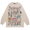 The Gready Unit Pop Culture Retro Sweatshirt by ELKMU Official Store is a beige long-sleeve shirt adorned with an eclectic collection of colorful graphic designs, such as cartoon characters, graffiti-style text, and various illustrations. It features phrases like "Greedy Unit" and "NY." Please note there might be slight color variations due to manual measurements.