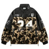 Introducing the Vexlly Fuzzy Cheetah Camouflage Patchwork Fleece Jacket: This camouflage jacket boasts black leather sleeves and a prominent "24" on the front. It is adorned with white text and patches, offering a delightful mix of textures, including a soft, fuzzy body.