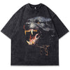 The Vintage Black Tshirt by Vexlly features a bold graphic of a fierce, open-mouthed Rottweiler with sharp teeth and a chain around its neck, centrally positioned on the front against a plain background. 