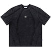 Introducing the Vexlly"T-shirt patchwork pour homme"—a stylish, black streetwear piece with gray stitching and a small oval logo on the chest. This 2024 Y2K-inspired shirt features a textured, slightly faded look with seam details that add a structured design, perfect for hip hop and punk fashion enthusiasts.