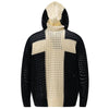 The "Hoodie Cross Patchwork Hollow Sweater Hooded Zipper Cardigan" by Vexlly features a dynamic color contrast with bold white cross patterns on the front and sleeves of a black crochet design. Its open weave knitted texture adds a unique touch to this eye-catching men's streetwear piece.