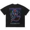 The Vexlly Bloody Skeleton Graphic Tee features a vivid red skeleton graphic with a striking blue outline, embodying the edgy Y2K streetwear vibe. The phrase "Bloody Skeleton" is boldly displayed in stylized font, capturing the essence of Skulls Punk T Shirts. Subtle small text details complete the look at the bottom of this black tee.