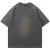 This gray short-sleeve t-shirt from Vexlly, known as the "Punk Rivet T Shirts Patchwork Tee Tops 2024 Men Vintage Oversized Hip Hop Streetwear T-shirt Casual Loose Cotton Tshirt," features a decorative V-shaped pattern adorned with metal studs on the front and a small embroidered logo on the chest. Ideal for modern fashion enthusiasts, please refer to the size chart for your perfect fit and be aware that slight variations in color may occur.